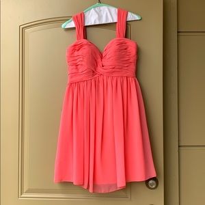 Bill Levkoff pink short bridesmaids dress